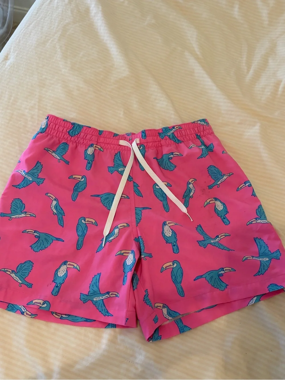 chubbies Hot Pink Toucan Print Swim Trunks with White Drawstring